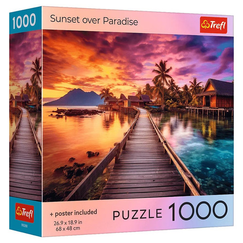 Puzzle box, depicting a wooden bridge and beach scene in the Maldives at sunset