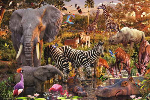 African Animal World puzzle image featuring wildlife at a watering hole, including zebras, elephants, hippopotamuses, lions and more