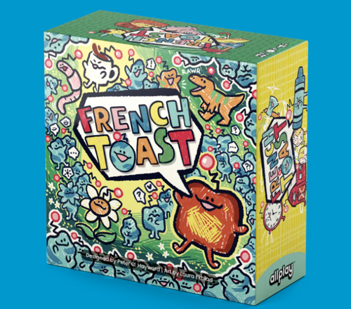 Front of chaotic game box with many things featuring talking french toast