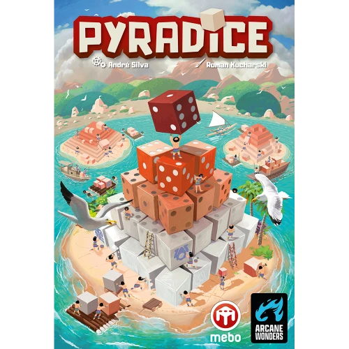 a tower made of six sided dice with seagulls