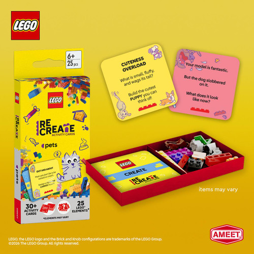 Packaging and two example cards with included contents: a deck of activity cards and a supply of LEGO pieces