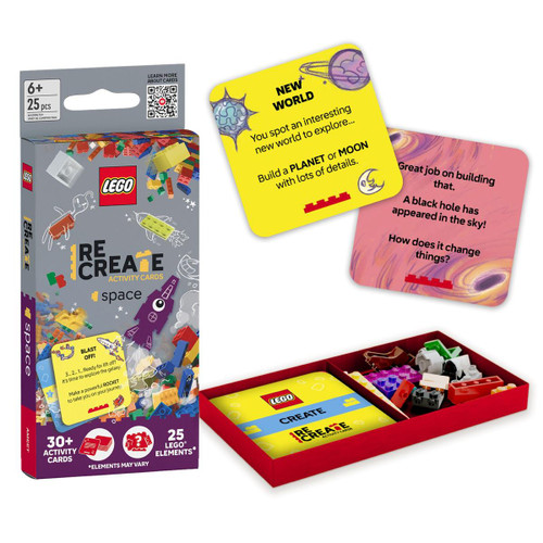 Packaging and two example cards with included contents: a deck of activity cards and a supply of LEGO pieces