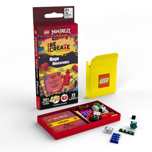 Packaging and included contents: a deck of activity cards and a supply of LEGO pieces