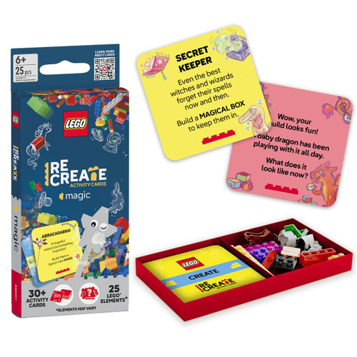 Packaging and two example cards with included contents: a deck of activity cards and a supply of LEGO pieces