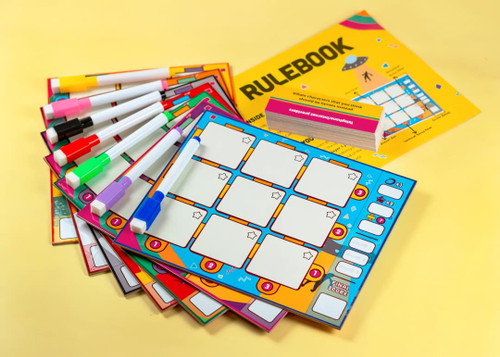 the game components, blank cards and dry erase marker