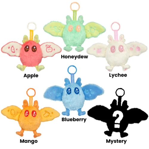 All five normal possible plush keychains, plus one silhouetted mystery find