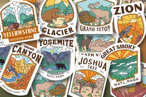 Puzzle image depicting badge logos for various national parks