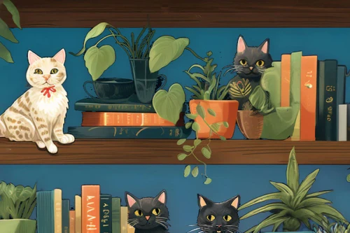 Puzzle image depicting a shelves with books, plants and cats