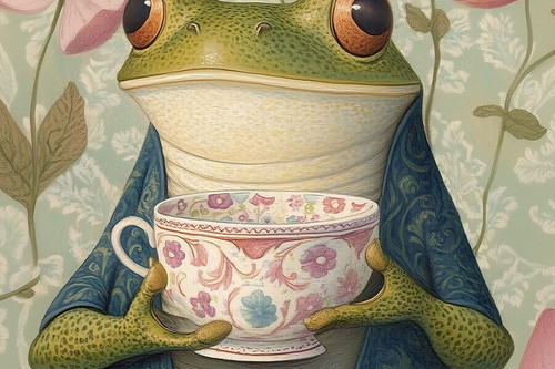 a green frog holding a tea cup