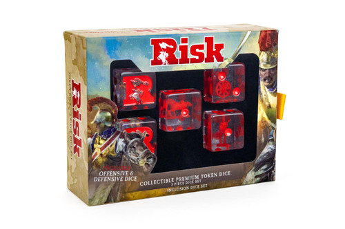 front of dice packaging with Risk branding