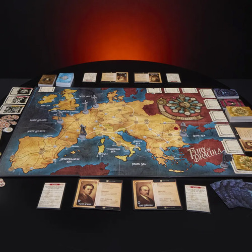 Gameplay setup, a board with miniatures, and various decks of cards