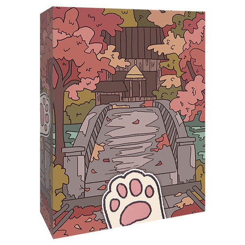front of card packaging featuring a bridge with a paw