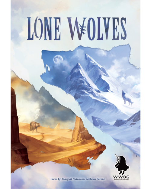 front of game box featuring wolves shape with mountain image with in