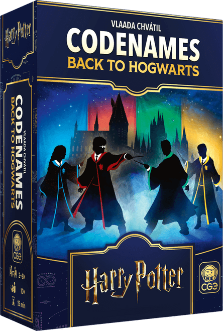 Front of game box, with students silhouettes with house colors behind them