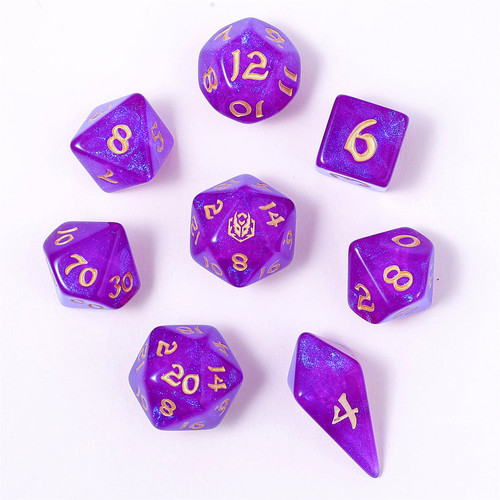 bright purple sparkly dice with gold numbers