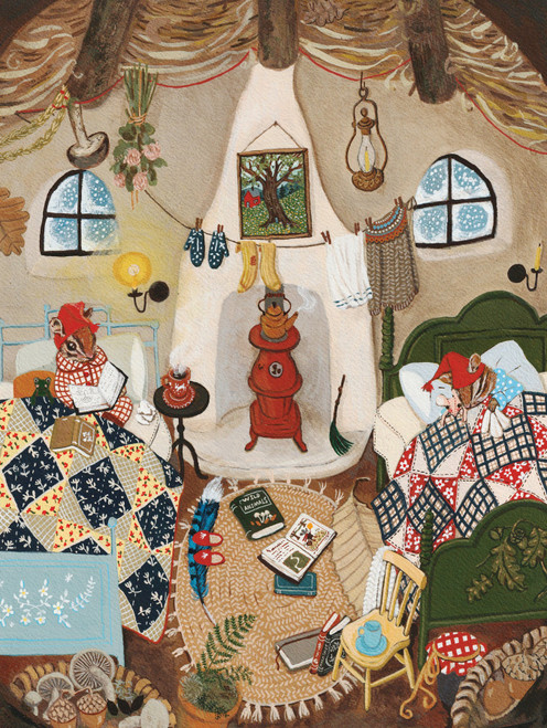 Puzzle image, art depicting anthropomorphized squirrels in bed near a woodstove while it snows outside the windows