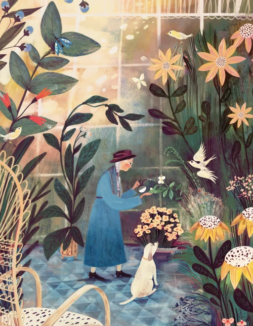 Puzzle image, art depicting a woman watering a city garden