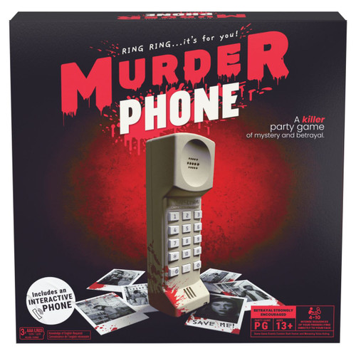 red and black front of game box with an old phone