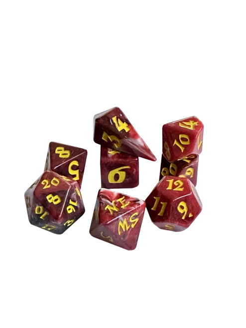 Set of 8 red and yellow RPG dice, including an 8-sided compass directions die