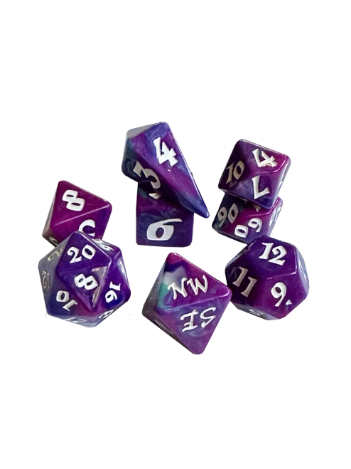 Set of 8 purple and white RPG dice, including an 8-sided compass directions die
