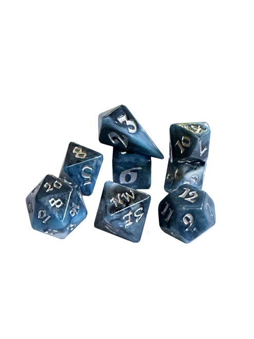 Set of 8 blue and silver RPG dice, including an 8-sided compass directions die