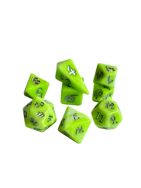 Set of 8 green and silver RPG dice, including an 8-sided compass directions die