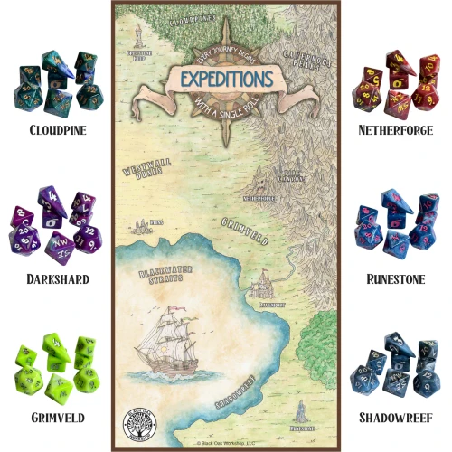 Expeditions world map with six sets of dice inspired by its locations