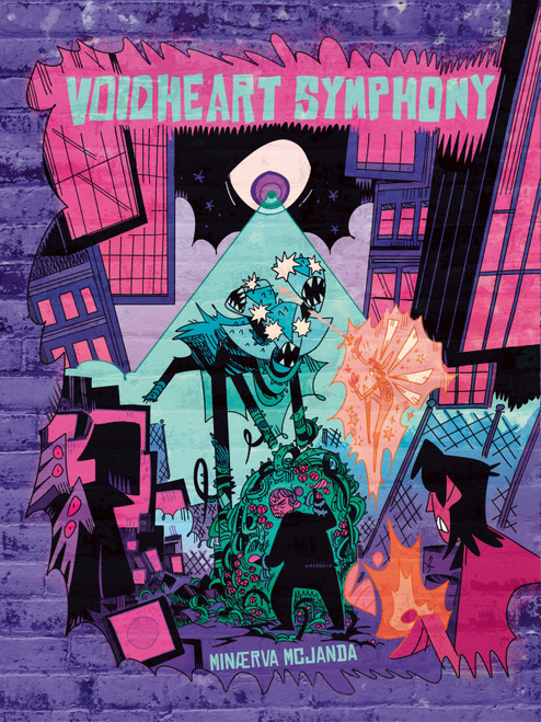 front of book cover featuring purple with pink windows and creative monsters