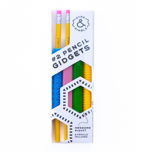2 pencils with 4 colorful gidgets/sleeves with texture