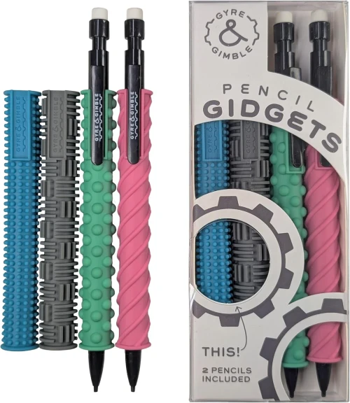 Two mechanical pencils and four textured grip sleeves
