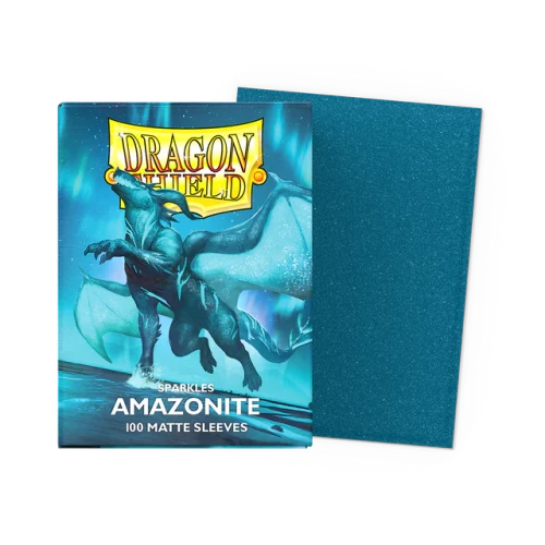 Sleeve packaging depicting a blue dragon, and an example sleeve back in sparkling blue