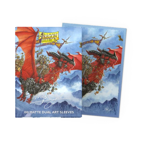 Packaging and sleeve back depicting the same art piece: A warband of goblins rides an armored red dragon