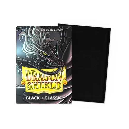 Sleeve box depicting a black dragon, and an example sleeve back