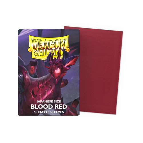 Sleeve packaging depicting a maroon dragon and an example sleeve back
