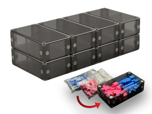 8-pack of trays magnet attached to each other, and an example tray storing tokens