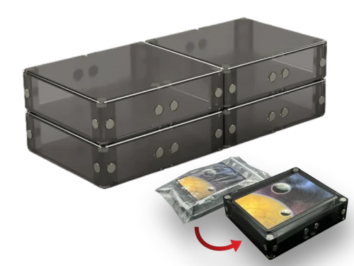 Four trays magnetically attached to each other, and an example tray holding a deck of cards