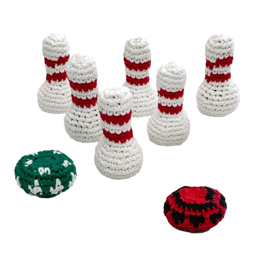 Puckaroo set, six crocheted bowling pins and two crocheted table pucks