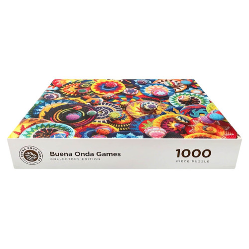 Puzzle box, depicting an array of patterns cloth balls and discs