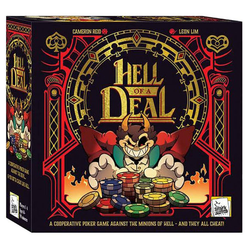 black and red front of game box featuring a horned character with poker chips in hell