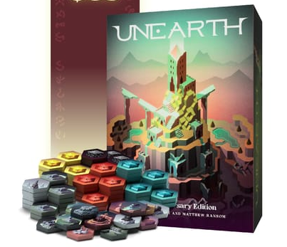 Unearth game box with colorful wooden tokens