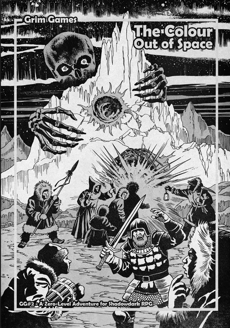 Zine cover with art depicting a fantasy battle with a giant creature looming behind a mountain