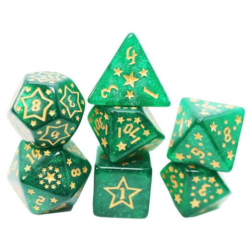 Set of green RPG dice with white star designs and numerals