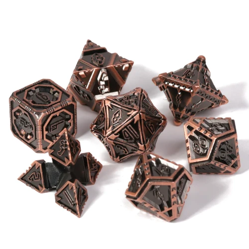Set of 7 metal RPG dice with non-traditional geometric faces
