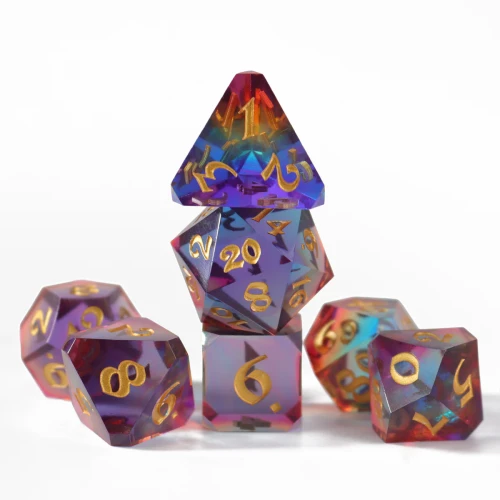 Set of 7 RPG dice in a translucent rainbow color spectrum with refracting light patterns