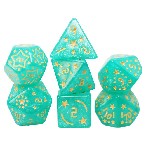 Set of seven teal RPG dice with gold star designs and numerals