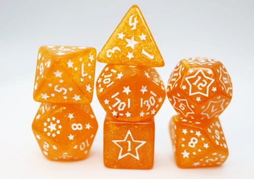 Set of orange RPG dice with white star designs and numerals
