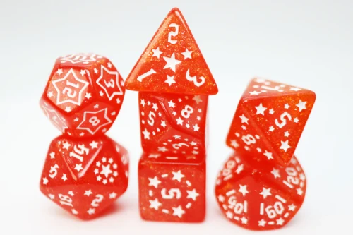 Set of red RPG dice with white star designs and numerals