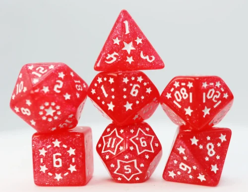 Set of red RPG dice with white star designs and numerals