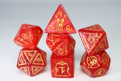 Set of red RPG dice with gold sword & shield designs and numerals