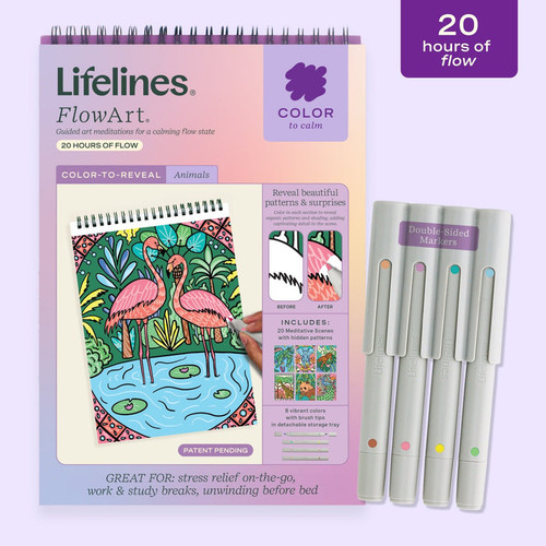 front of coloring book with flamingo and grey double sided markers